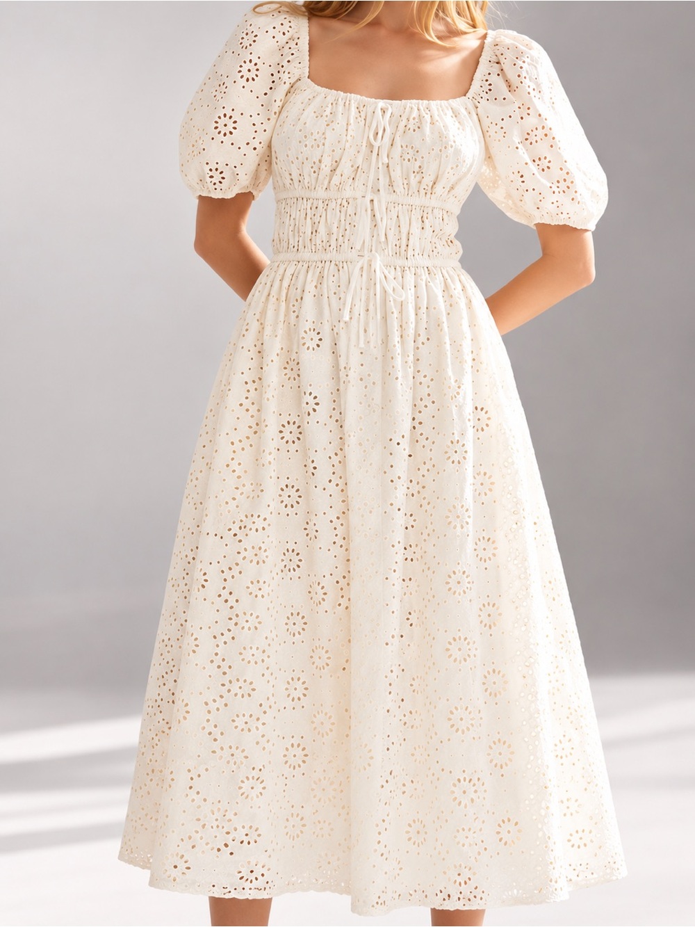 Anthropologie En Saison Puff Sleeve Midi Dress Cream Boho Eyelet Coquette